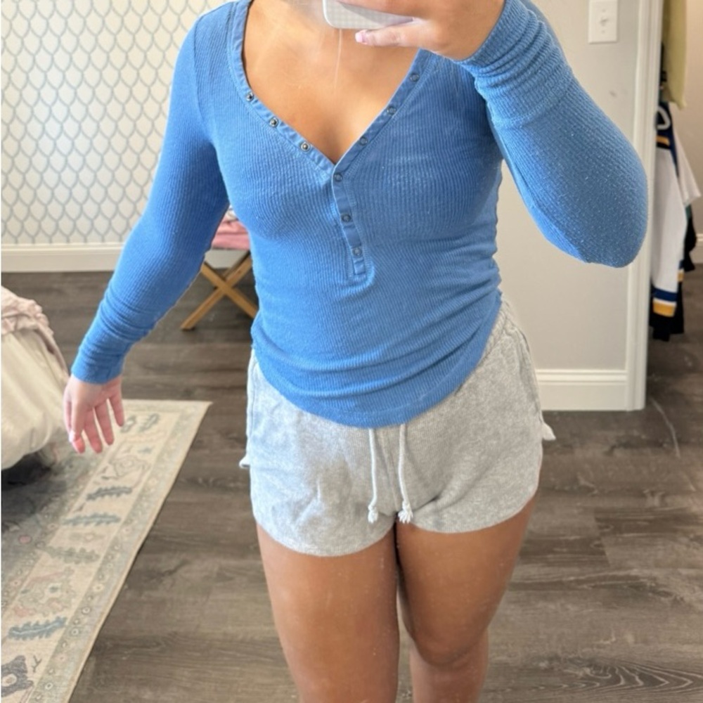 Urban Outfitters Blue Ribbed Snap Henley Top